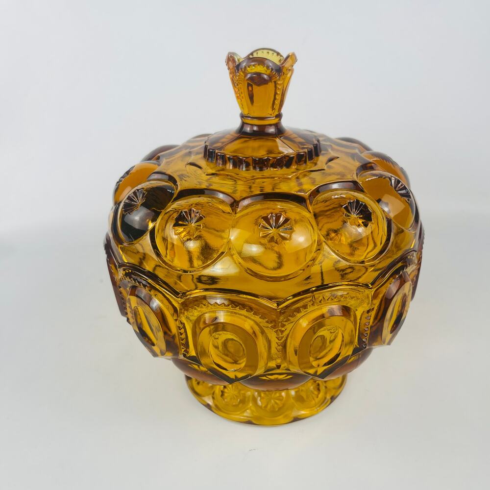 Vintage L.E. Smith Moon and Stars Amber Glass Compote / Candy Dish
